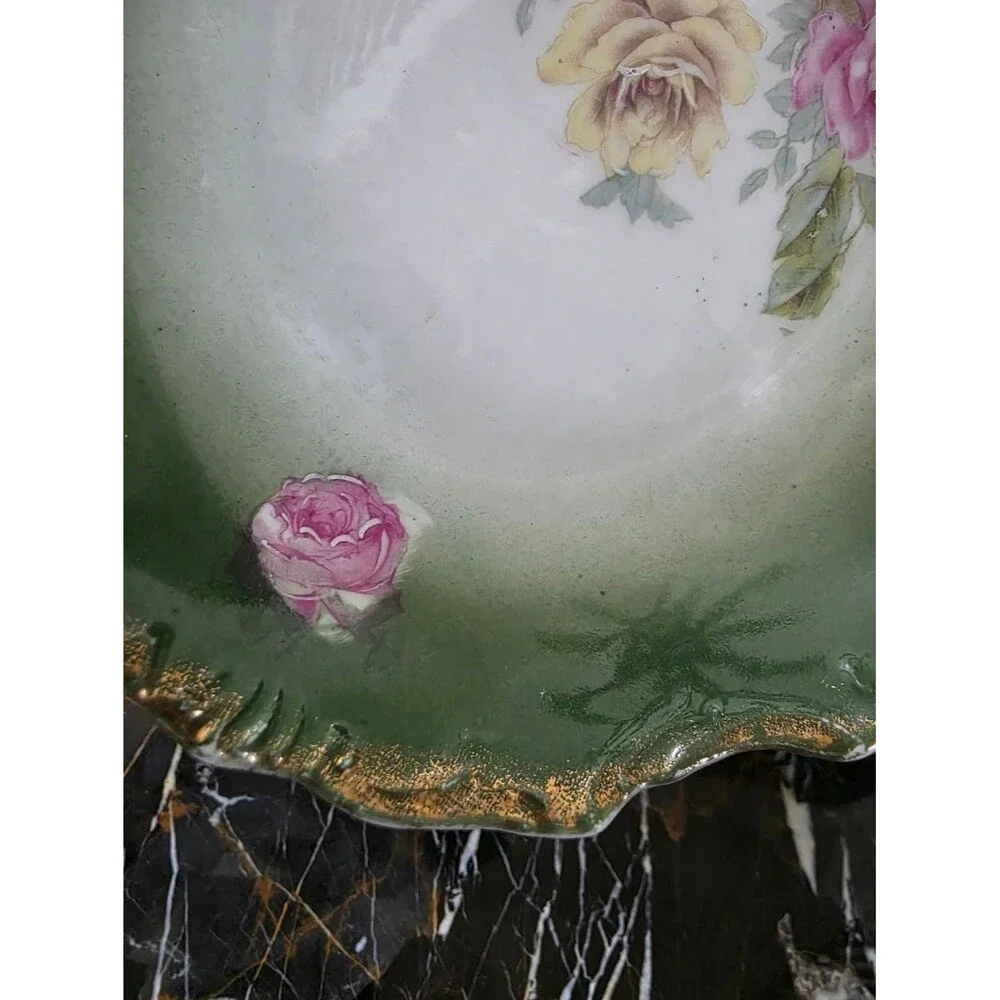 Shabby Chic Roses Pink Gold Gilt Ornate Scalloped Embossed Green Bowl Catch All
